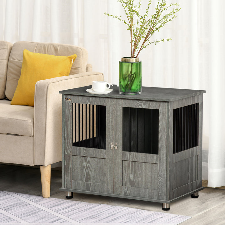 PawHut Dog Crate Furniture End Table, Pet Kennel for Small and Medium Dogs with Magnetic Door Indoor Animal Cage, Grey, 85 x 55 x 75 cm