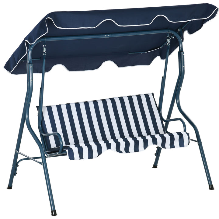 3 Seater Garden Swing Chair_ Outdoor Garden Bench with Adjustable Sun Cover and Metal Frame - Blue Stripes