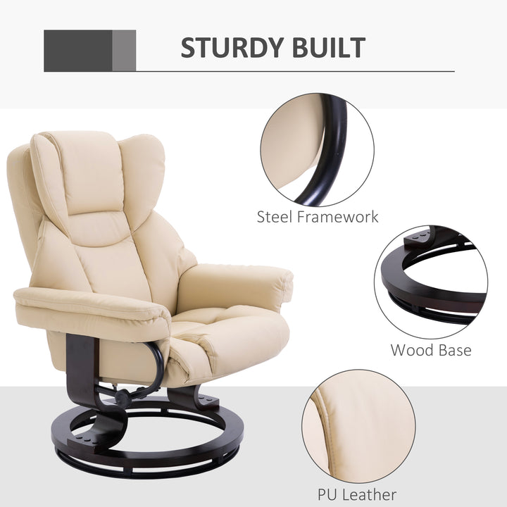 Reclining Swivel Armchair Footstool Set Sofa Padded PU Leather Relaxing Manual Duo Metal Frame Bentwood Base Cream