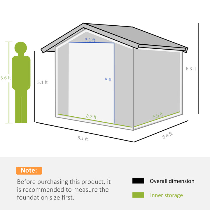 Outsunny 9 x 6FT Outdoor Garden Roofed Metal Storage Shed Tool Box with Foundation Ventilation & Doors, Dark Grey