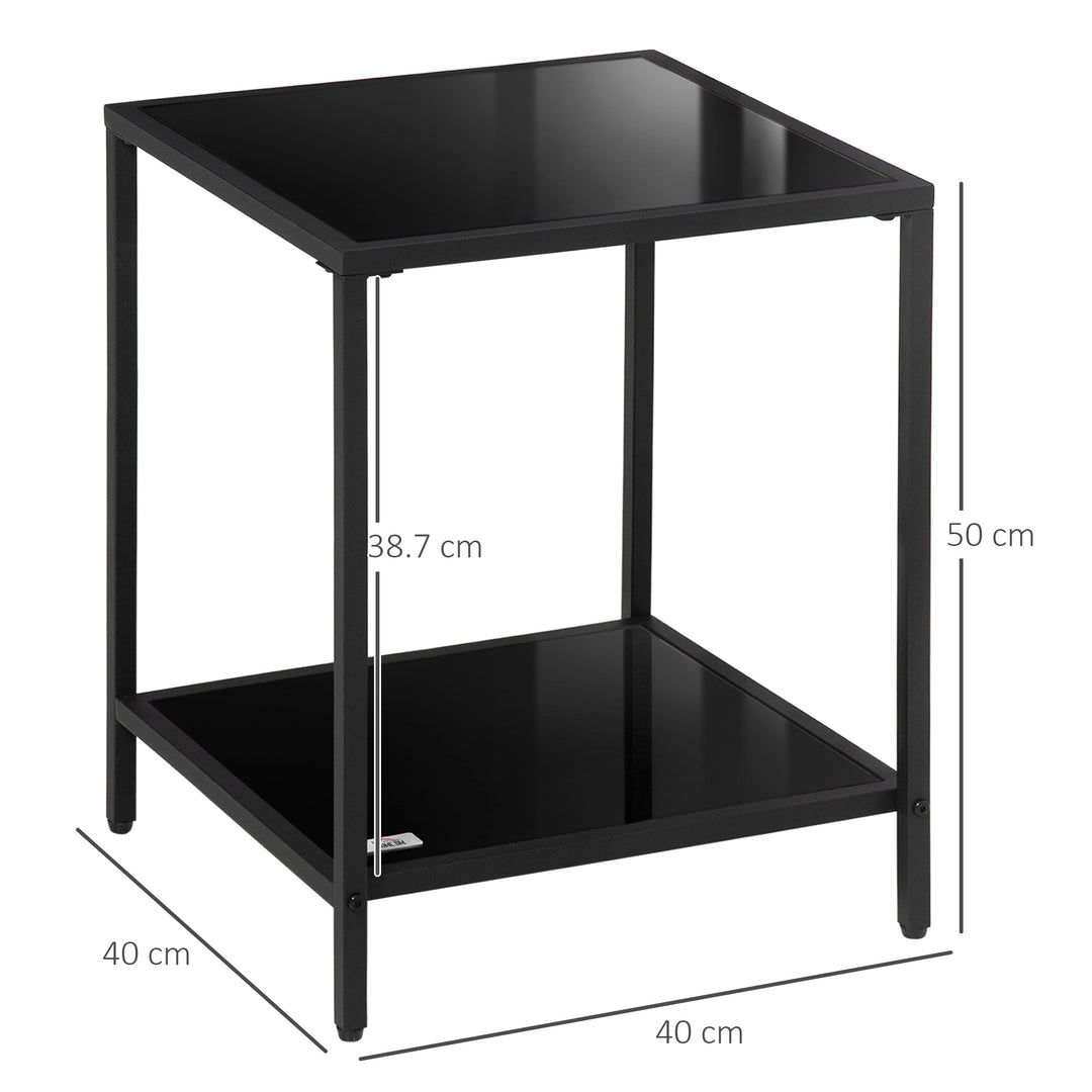 Side Table with Tempered Glass Top, End Table with 2-Tier Storage, Classic Accent Table with Steel Frame, Black