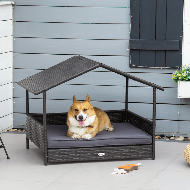 Rattan Dog House, Elevated Wicker Pet Bed Lounge with Removable Cushion and Canopy - Grey