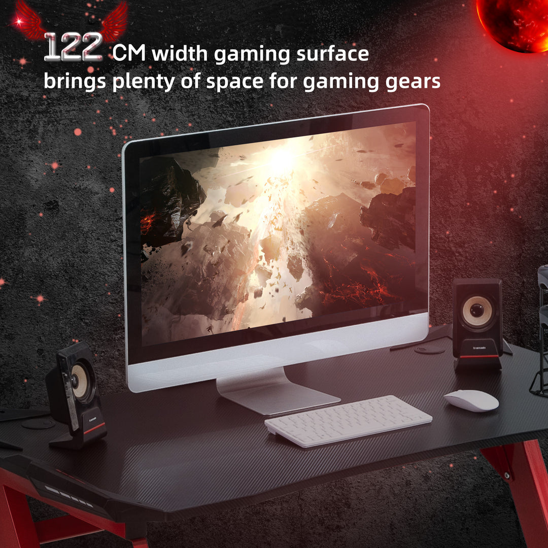 Gaming Desk, Ergonomic Home Office Desk, Gamer Workstation Racing Table, with Headphone Hook and Cup Holder, 122 x 66 x 86cm, Black and Red