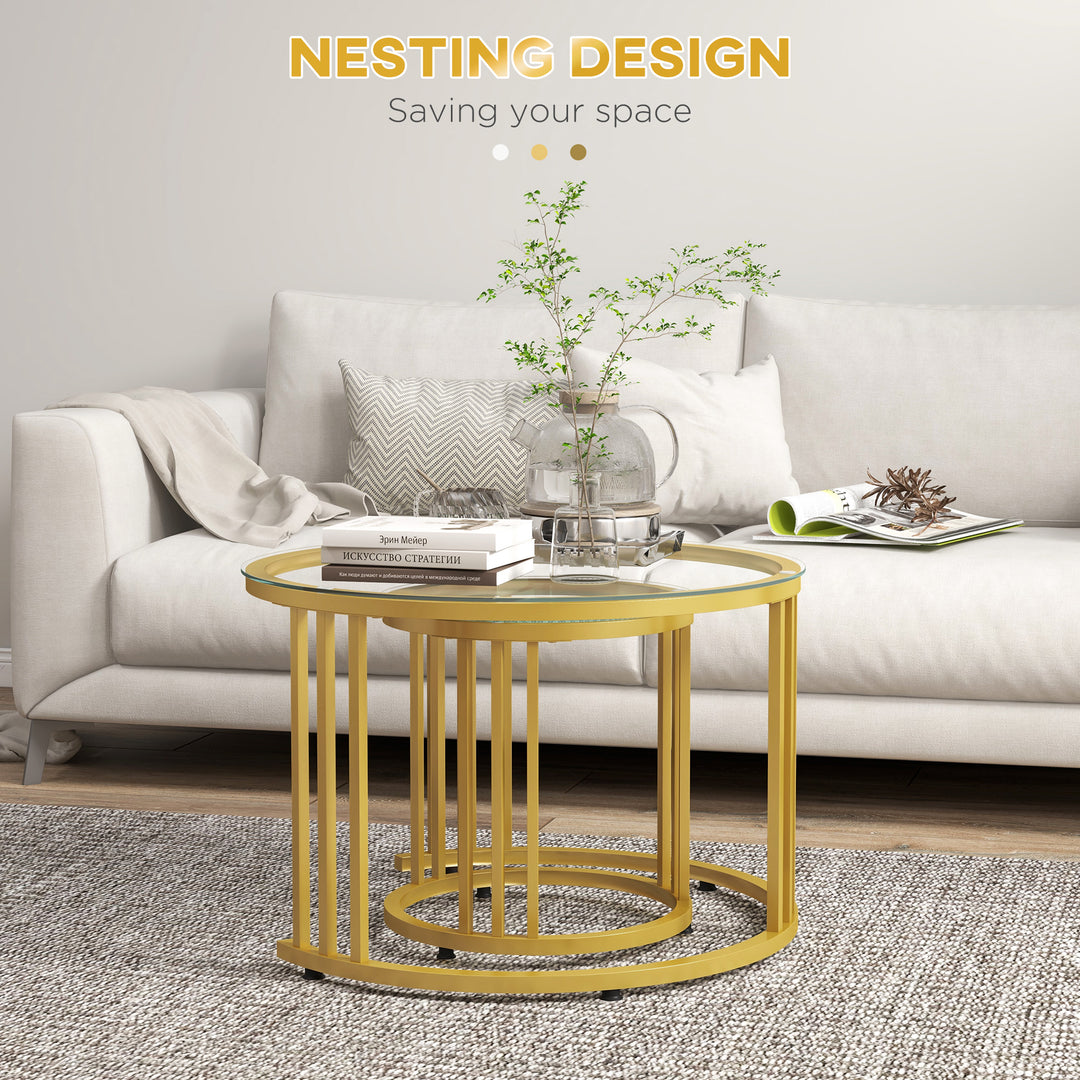 Round Coffee Tables Set of 2, Nesting Tables with Tempered Glass Top and Steel Frame, 60cmx60cmx47cm, Gold Tone