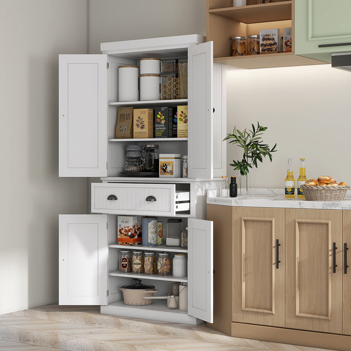 Traditional Kitchen Cupboard  Freestanding Storage Cabinet with Drawer, Doors and Adjustable Shelves, White