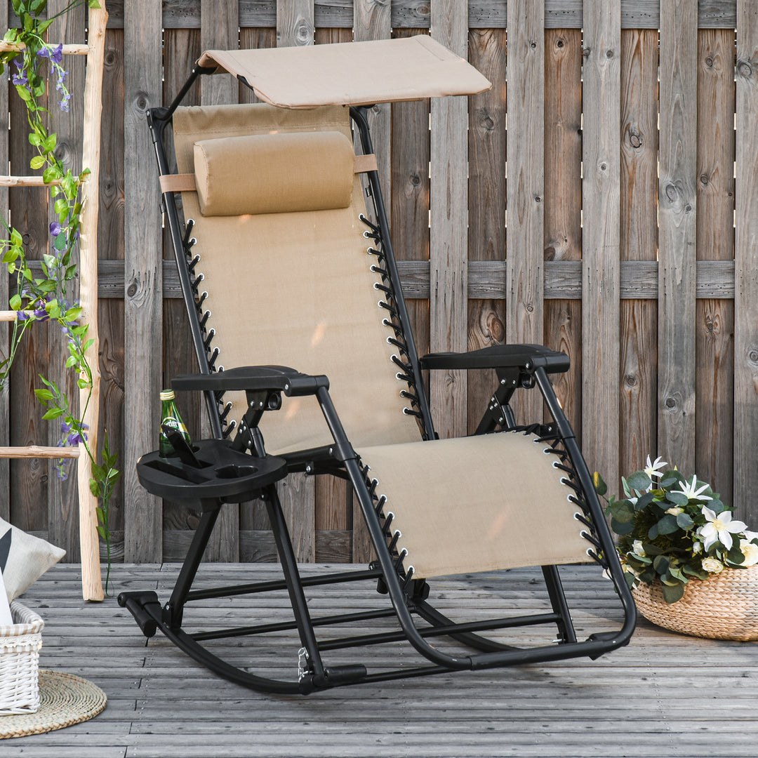 Garden Rocking Chair Folding Recliner with Headrest Side Holder Patio Deck - Beige