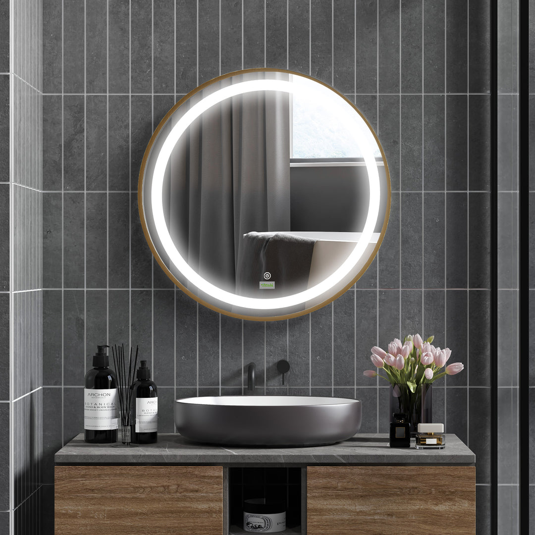 kleankin Round Illuminated Bathroom Mirrors Dimmable LED Lighted Wall Mount Mirror w/ 3 Colours, Time Display, Memory Function, 60cm