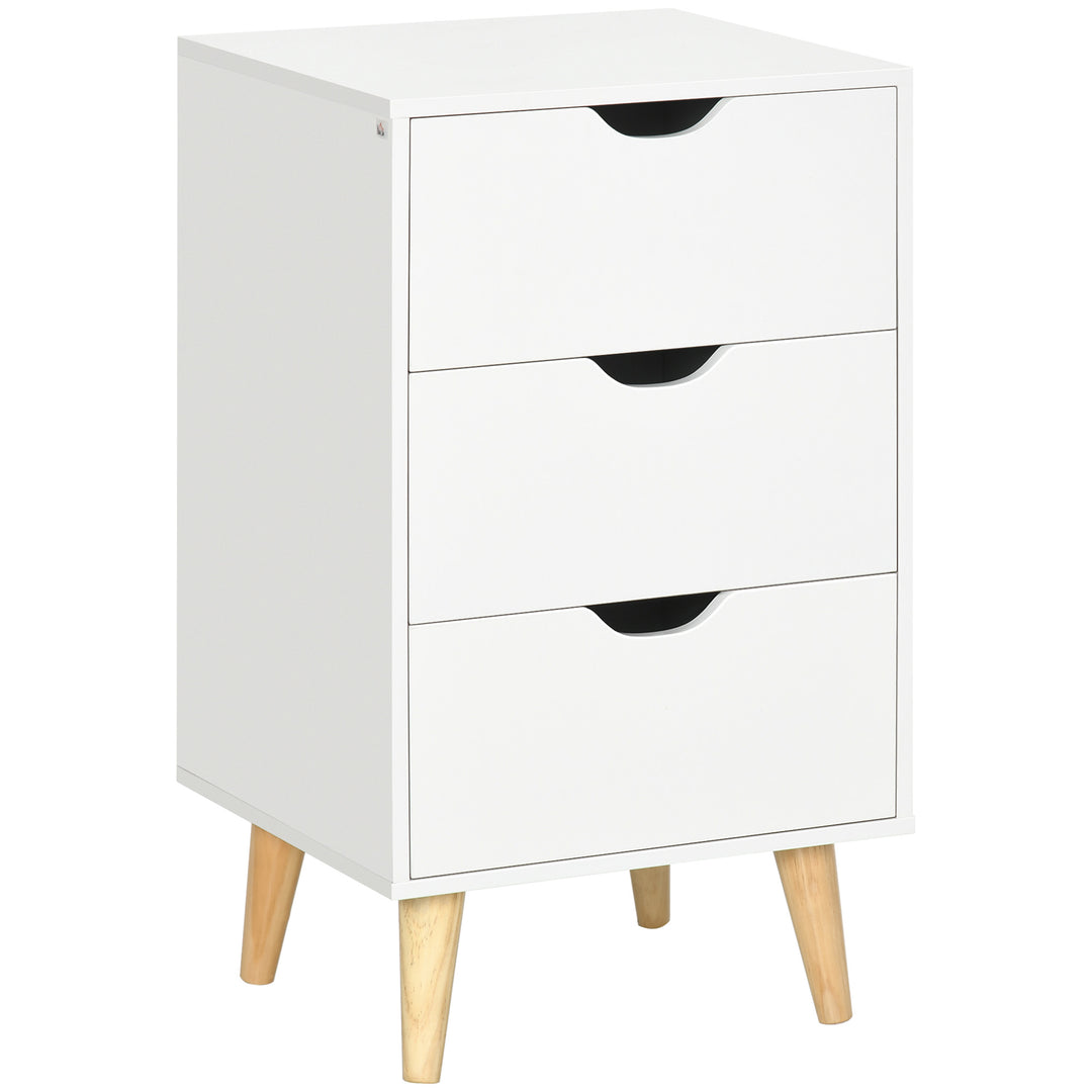 Bedroom 3-Drawer Bedside Unit with Wood Legs and Cut-out Handles, White