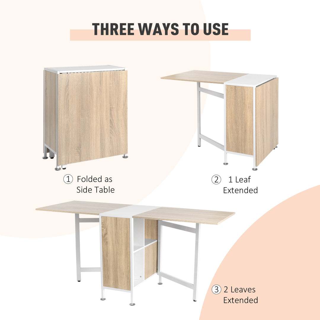 Foldable Dining Table Folding Workstation for Small Space with Storage Shelves Cubes Oak & White