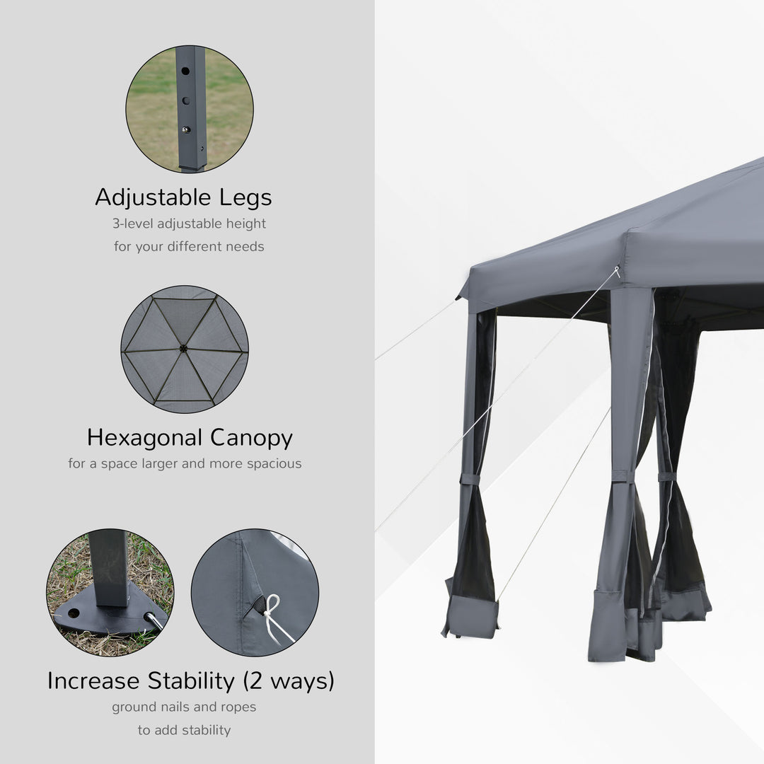 Outsunny 3.2m Canopy Rentals Pop Up Gazebo Hexagonal Canopy Tent Outdoor Sun Protection w/ Mesh Sidewalls, Handy Bag, Grey