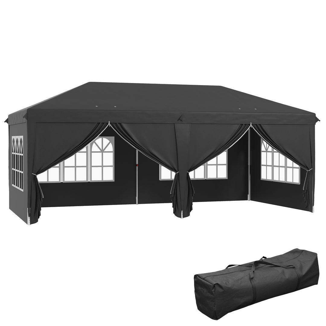 Outsunny 3 x 6 m Pop Up Gazebo with Sides and Windows, Height Adjustable Party Tent with Storage Bag for Garden, Camping, Event, Black