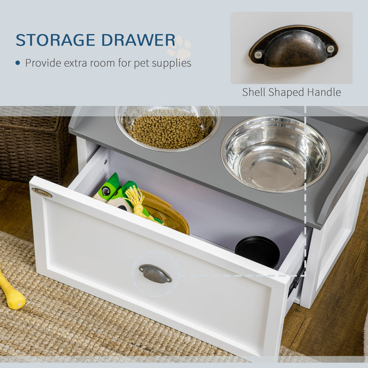 PawHut Stainless Steel Raised Dog Bowls with 21L Storage Drawer for Large Dogs and Cats - White