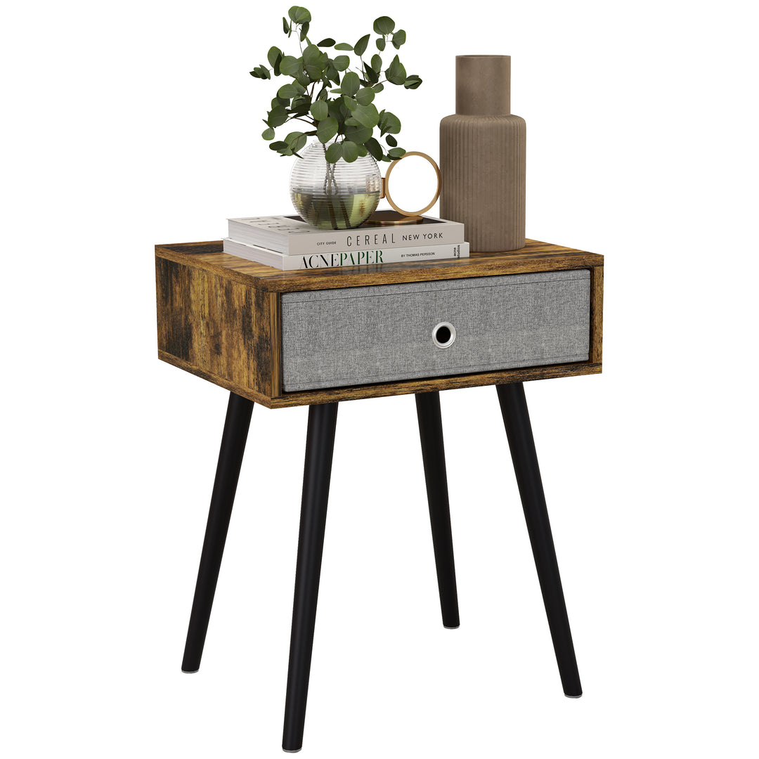 Side Table, Nightstand, End Table with Removable Fabric Drawer, Retro Style Accent Furniture with Wooden Legs, Rustic Brown and Black