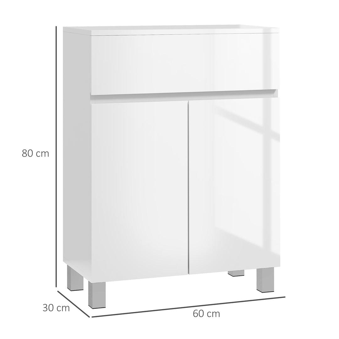 Freestanding Bathroom Cabinet, High Gloss Storage Cabinet with Doors and Adjustable Shelf, 60 x 30 x 80 cm, White