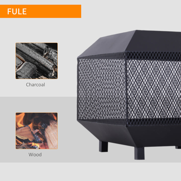 Outsunny Metal Square Fire Pit Outdoor Mesh Firepit Brazier w/ Lid, Log Grate, Poker for Backyard, Camping, Wood Burning Stove, 44 x 44 x 40cm, Black