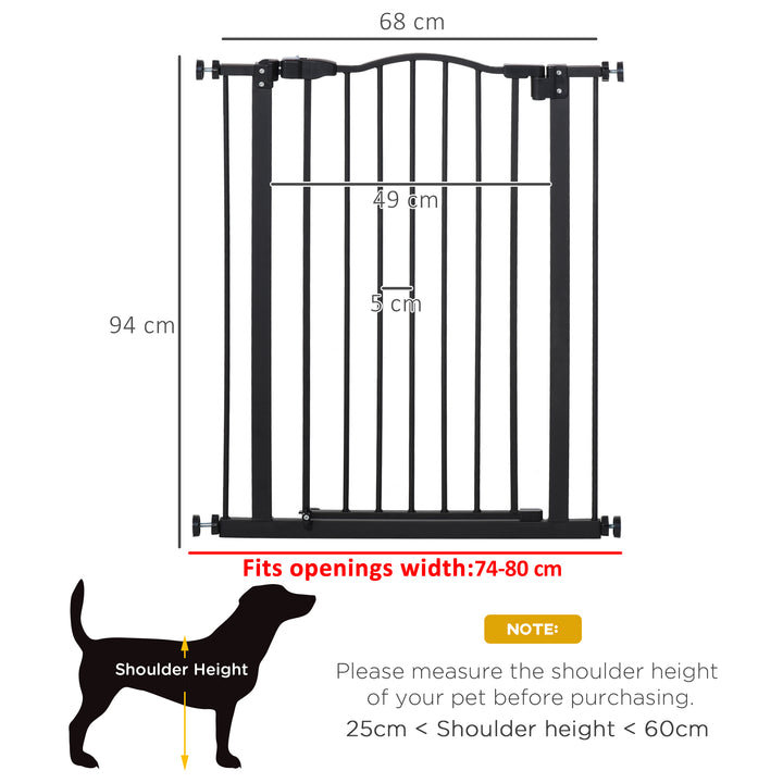 PawHut 74-84cm Adjustable Metal Pet Gate Safety Barrier w/ Auto-Close Door Double Locking Easy-Open Doors Stairs Home Frames Black