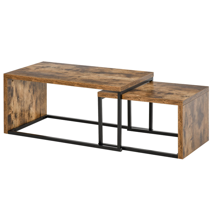 Set of 2 Coffee Tables Industrial Style Tea Table, Side Table w/ Metal Frame for Living Room Bedroom Black & Brown