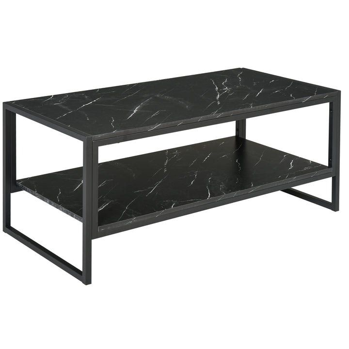 Two-Tier Laminate Marble Print Table Top Coffee Table w/ Metal Frame Foot Pads Elegant Modern Style 2 Shelves Home Display Storage Unit Black