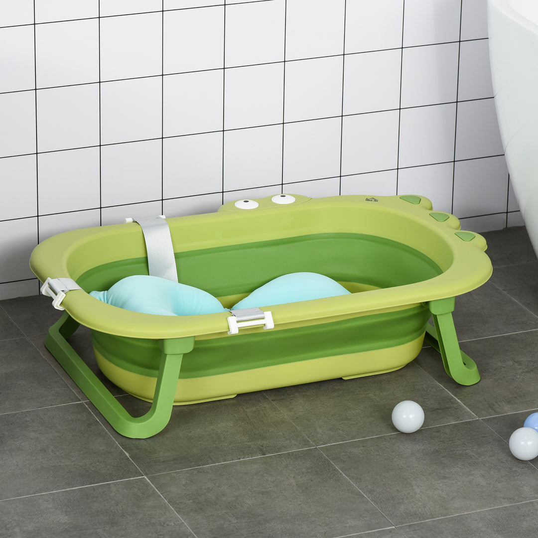 Baby Bath Tub for Toddler Kids Infant Ergonomic Foldable Secure Non-Slip Portable with Baby Cushion for 0-3 Years Green