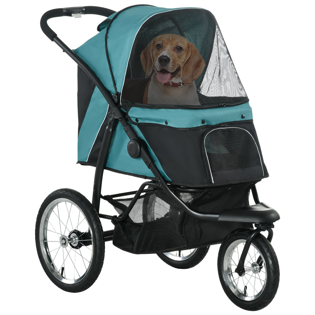 Pet Stroller Jogger for Medium, Small Dogs, Foldable Cat Pram Dog Pushchair w/ Adjustable Canopy, 3 Big Wheels - Dark Green