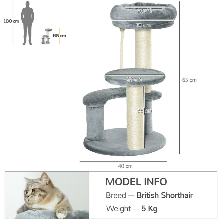 65 cm Cat Tree Kitty Scratcher Kitten Activity Center Scratching Post Playhouse 2 Perch w/Hanging Sisal Rope Grey