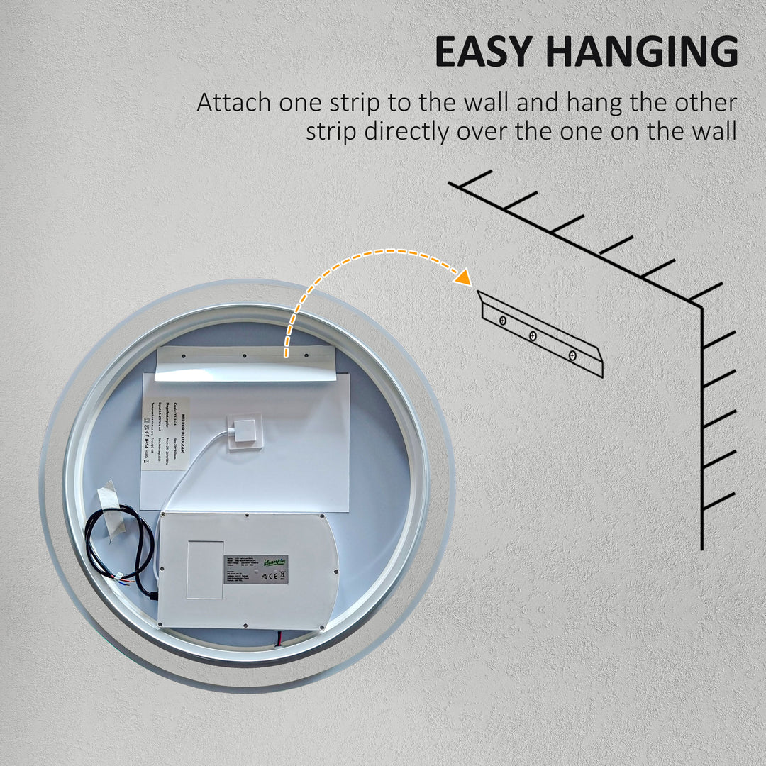 Kleankin Round Bathroom Mirror with LED Lights, 3 Temperature Colours, Defogging Film, Aluminium Frame, Hardwired, 60 x 60 cm