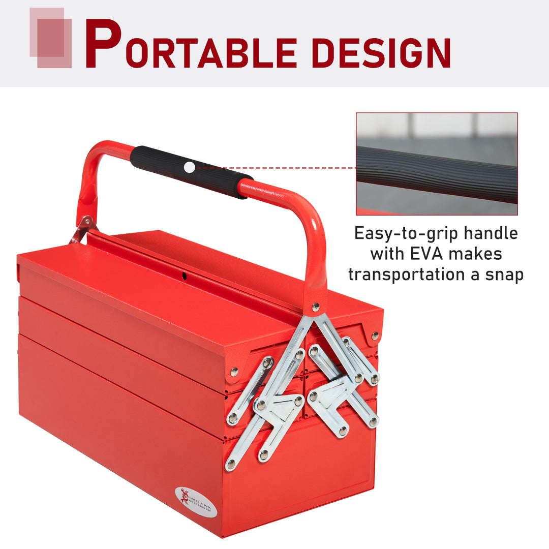 DURHAND Metal Tool Box 3 Tier 5 Tray Professional Portable Storage Cabinet Workshop Cantilever Toolbox with Carry Handle, 45cmx22.5cmx34.5cm, Red