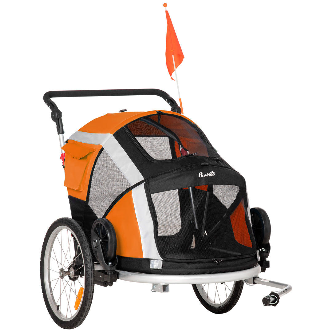 PawHut Dog Bike Trailer 2-in-1 Pet Stroller for Large Dogs Cart Foldable Bicycle Carrier Aluminium Frame with Safety Leash Hitch Coupler Flag Orange