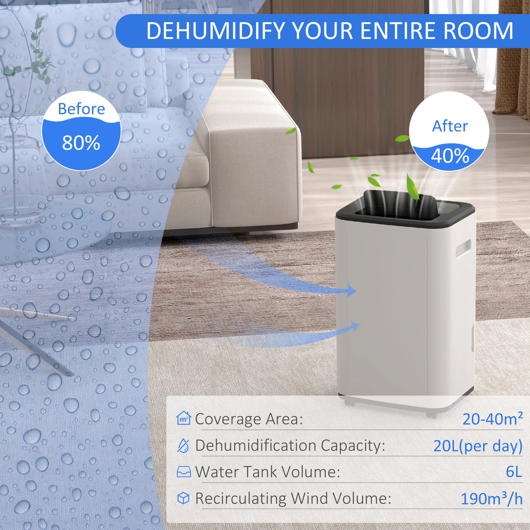 6000mL Portable Dehumidifier with 24H Timer, 3 Dehumidifying Modes, 20L/Day, for Home Laundry Basement