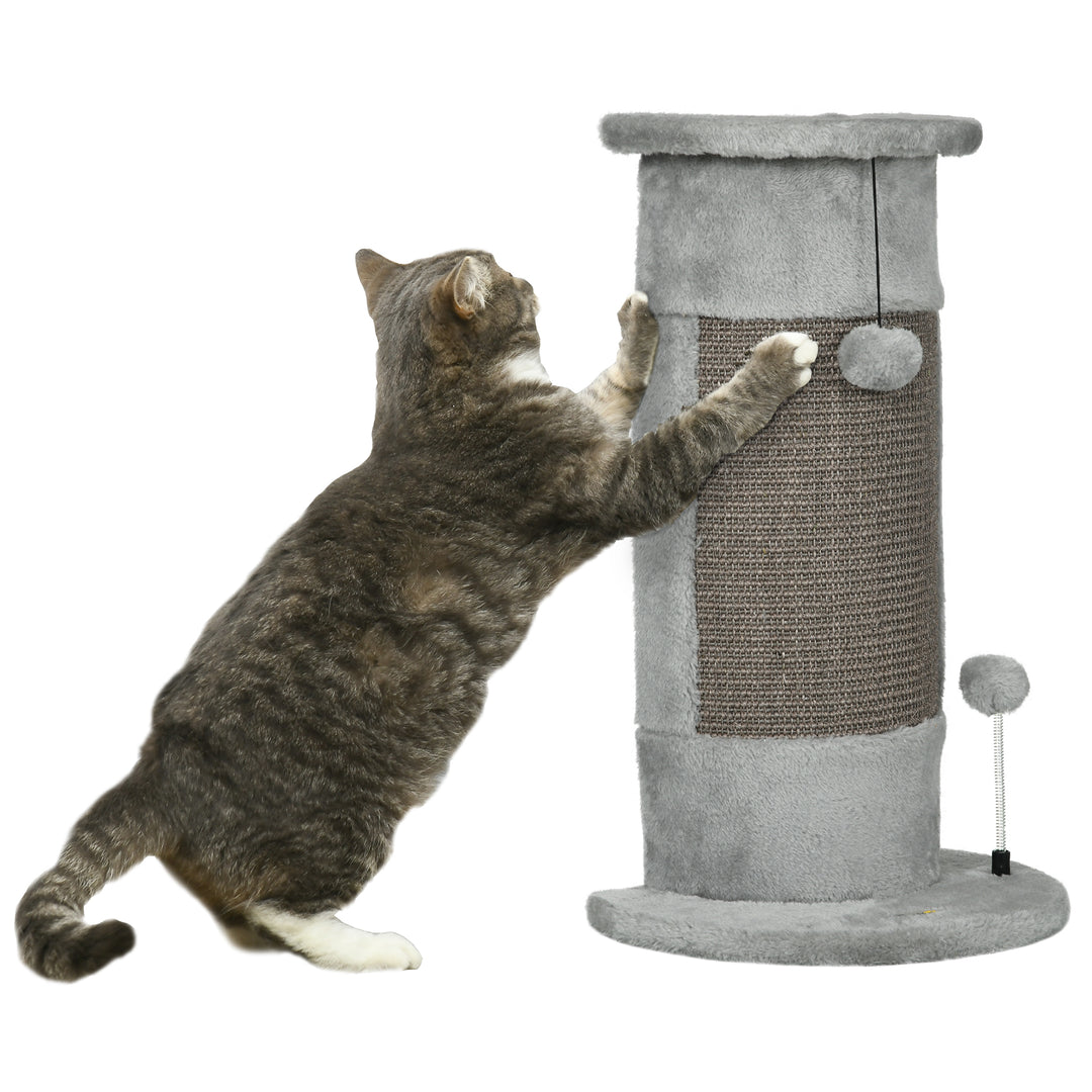 PawHut 58cm Cat Scratching Post for Corner Wall, Claw Scratcher Covered Soft Smooth Plush, with Sisal Rope, Play Toy Balls, Stable Base, Grey