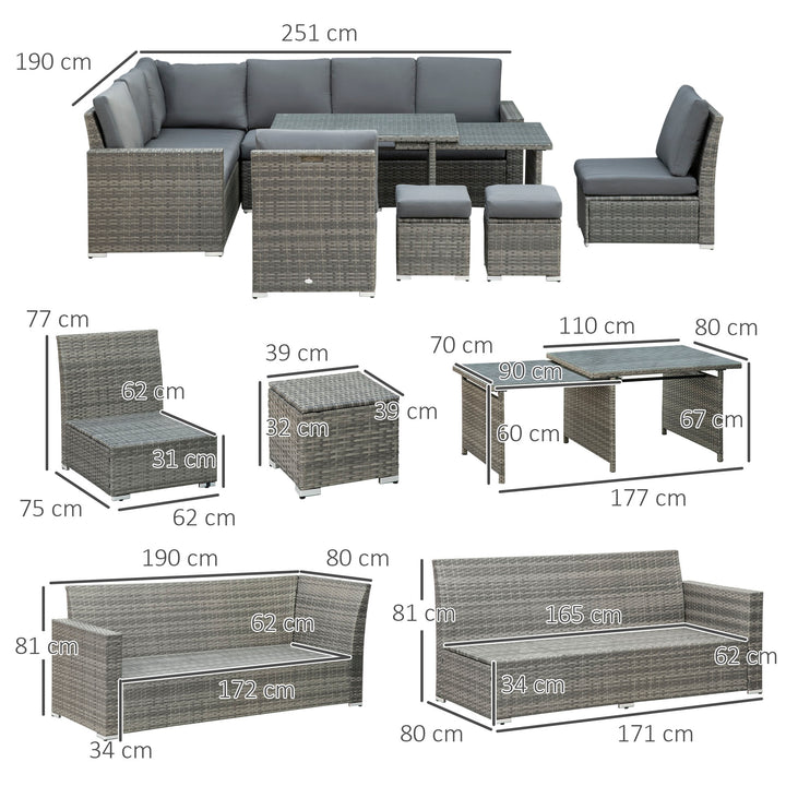 7 Piece Rattan Garden Furniture Set, 10-Seater Sofa Sectional with Cushioned Sofa Seat, Footstools and Expandable Glass Table for Yard Grey