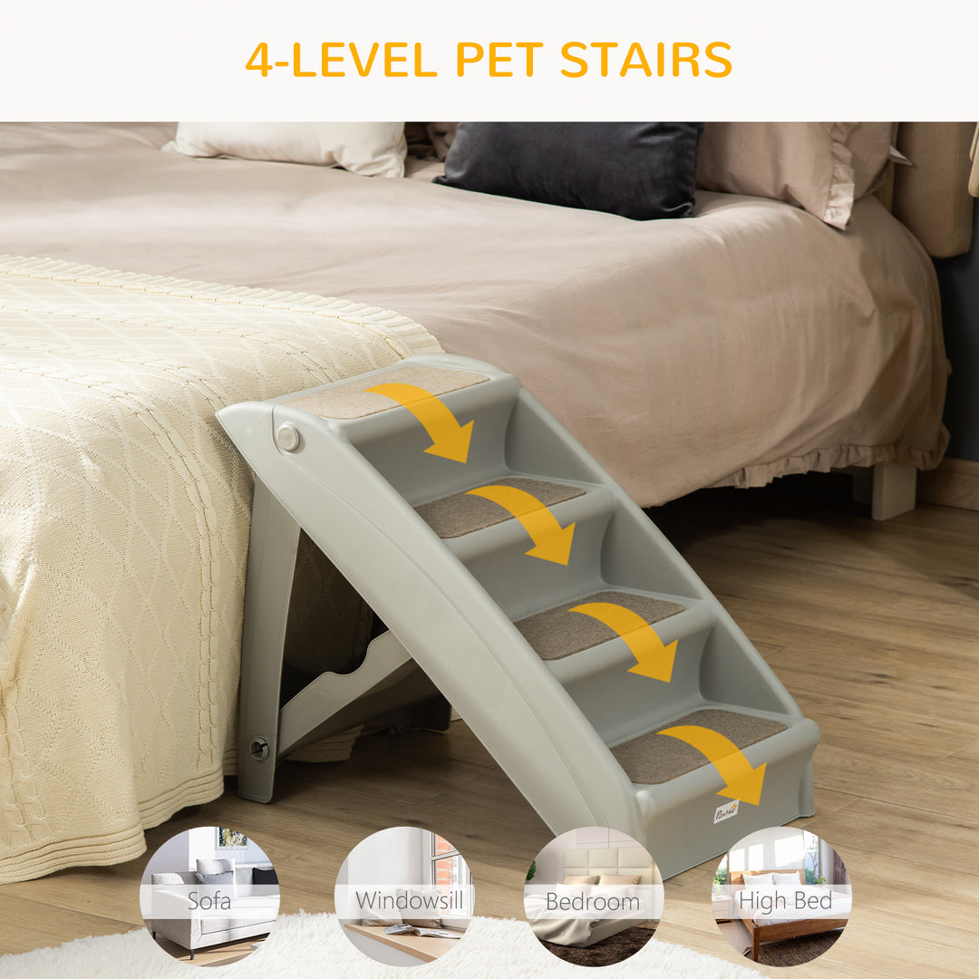 PawHut Foldable Pet Stairs, 4-Step for Cats Small Dogs with Non-slip Mats, 62 x 38 x 49.5 cm, Grey