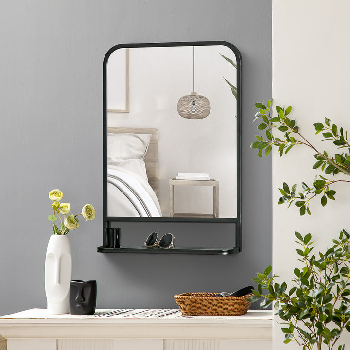 Modern Square Wall Mirror with Storage Shelf, 70 x 50 cm Mirrors for Living Room, Bedroom, Black