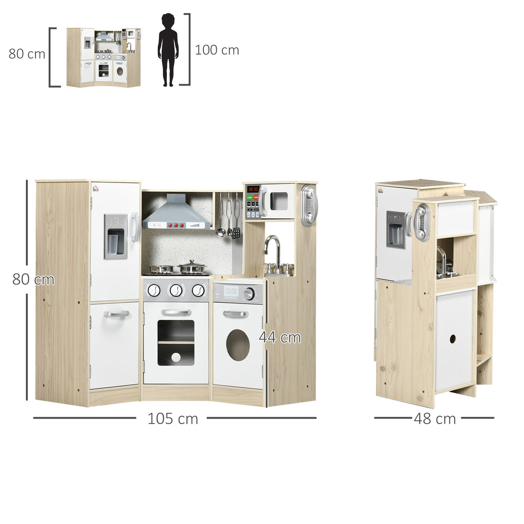 HOMCOM Toy Kitchen for Kids with Role Play Accessories, Wooden Corner Pretend Kitchen with Sound and Light, Phone, Microwave, Refrigerator, Ice Maker