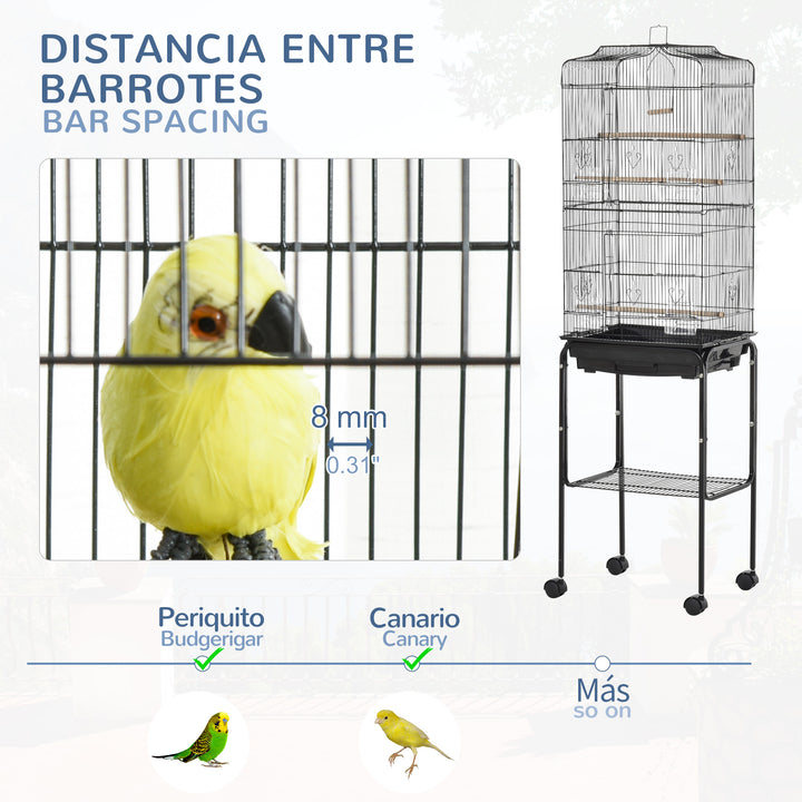 PawHut Bird Cage Budgie Cages for Finch Canary Parakeet with Stand Wheels Slide-out Tray Accessories Storage Shelf, Black 36 x 46.5 x 157 cm