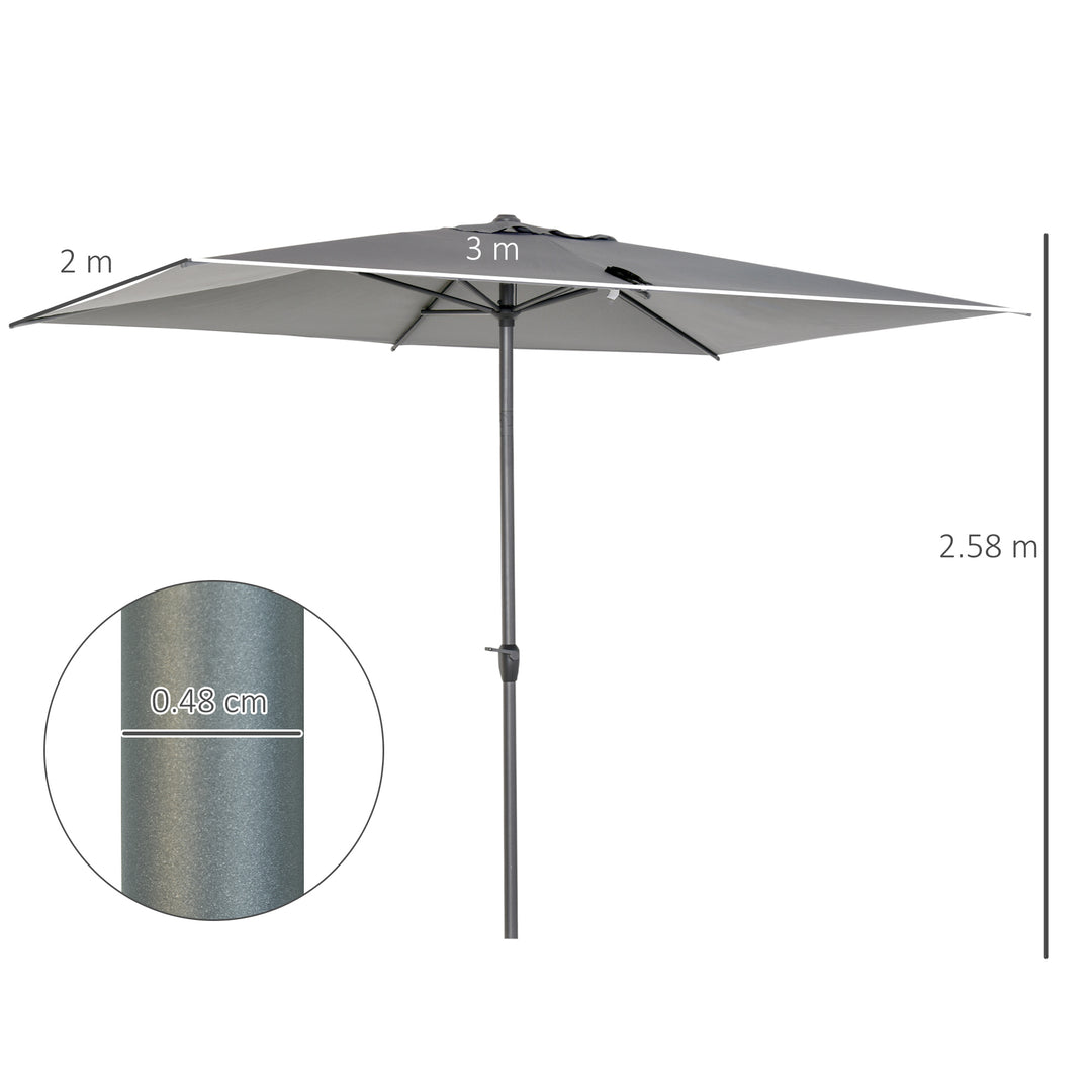 Outsunny 3 x 2m Garden Parasol Patio Sun Umbrella Canopy Rectangular Sun Shade Aluminium Crank Tilt Mechanism, Dark Grey