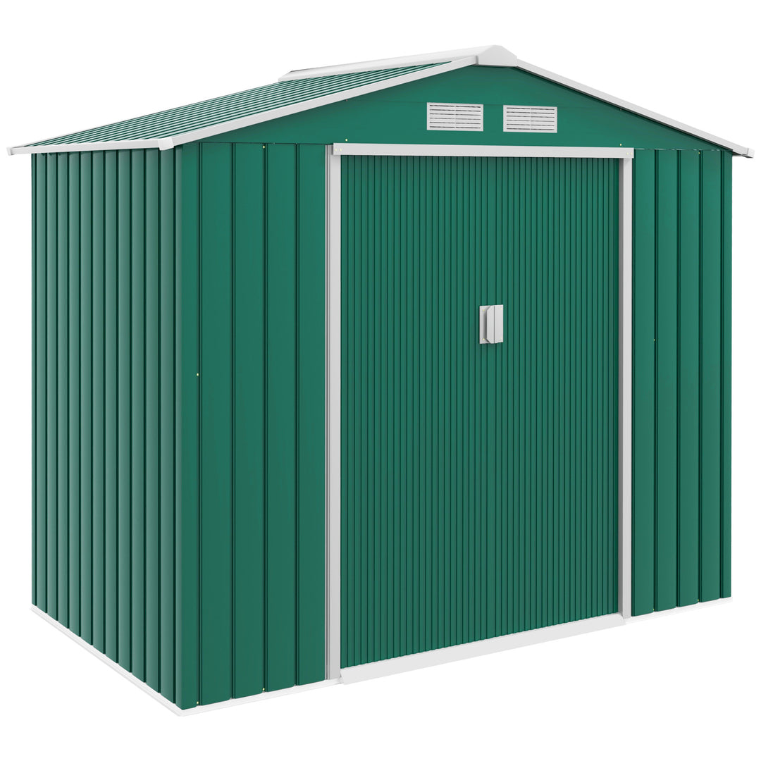 Outsunny 7ft x 4ft Lockable Garden Shed Large Patio Roofed Tool Metal Storage Building Foundation Sheds Box Outdoor Furniture, Green