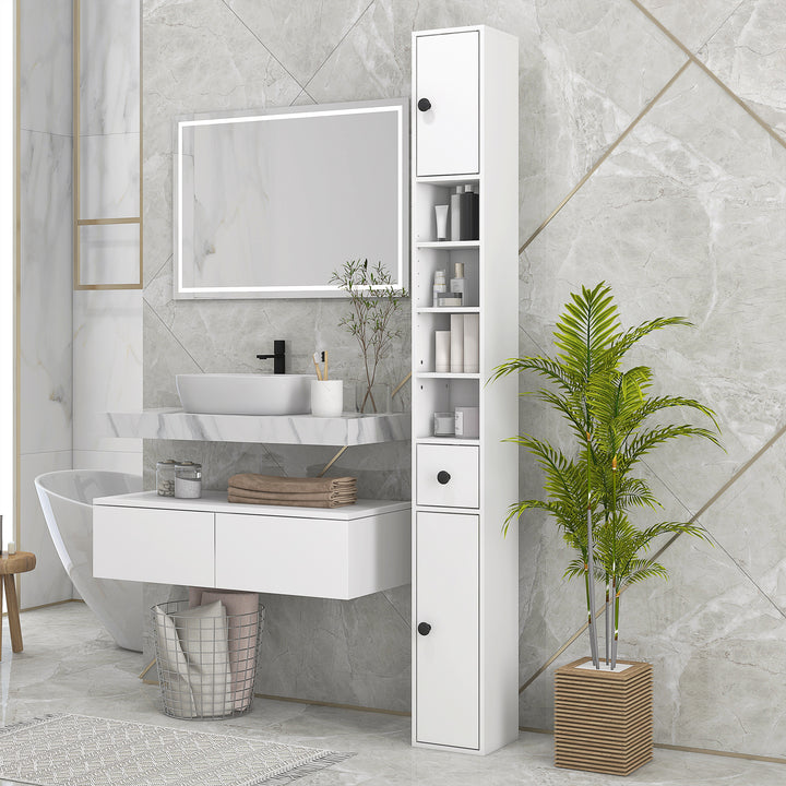 180cm Tall Slim Bathroom Cabinet, Narrow Toilet Roll Storage w/ Open Shelves, 2 Door Cabinets, Adjustable Shelves, for Kitchen, White