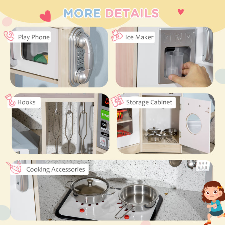 HOMCOM Toy Kitchen for Kids with Role Play Accessories, Wooden Corner Pretend Kitchen with Sound and Light, Phone, Microwave, Refrigerator, Ice Maker