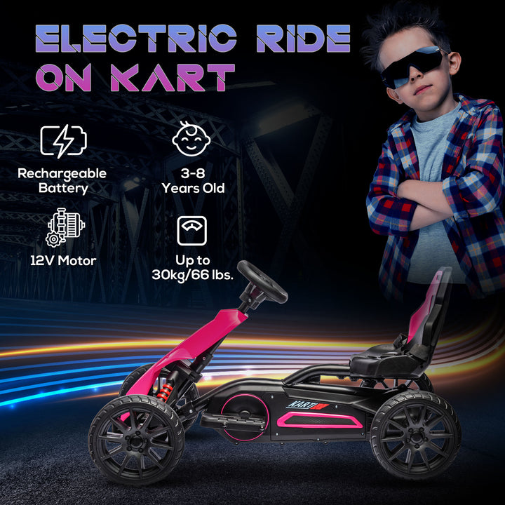 12V Electric Go Kart for Kids, Ride-On Racing Go Kart with Forward Reversing, Rechargeable Battery, 2 Speeds, for Boys Girls Aged 3-8 Years Old - Pink