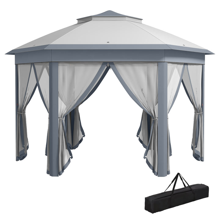 Outsunny Hexagon Patio Gazebo Pop Up Gazebo Outdoor Double Roof Instant Shelter with Netting, 4m x 4m, Grey