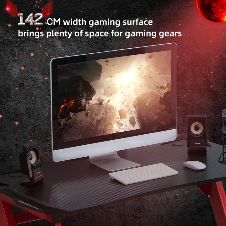 Gaming Desk, Ergonomic Home Office Desk, Gamer Workstation Racing Table, with Headphone Hook and Cup Holder, 142 x 66 x 96cm, Black and Red