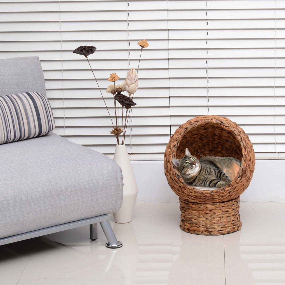 Wicker Cat Bed, Raised Rattan Cat Basket with Cylindrical Base, Soft Washable Cushion, Brown, 42 x 33 x 52 cm