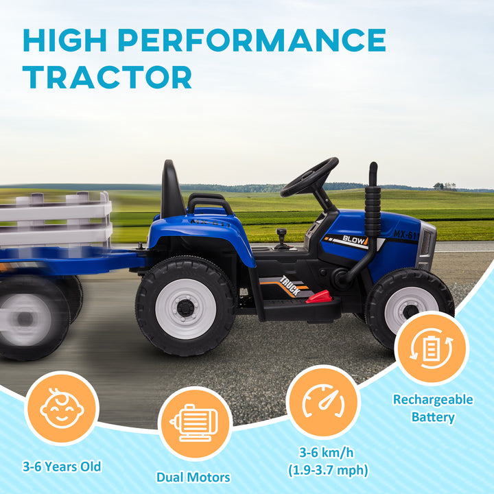 Electric Ride on Tractor with Detachable Trailer, 12V Kids Battery Powered Electric Car with Remote Control, Music Start up Sound and Horn, Lights, for Ages 3-6 Years - Blue