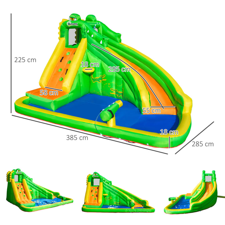 Outsunny 5 in 1 Kids Bouncy Castle Large Crocodile Style Inflatable House Slide Basket Water Pool Climbing Wall for Kids Age 3-8, 3.85 x 2.85 x 2.25m