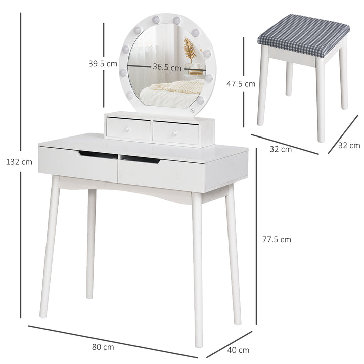 Dressing Table Set with LED with Table Stool Table Stool Set Makeup Dresser Desk with 4 Drawers for Bedroom White