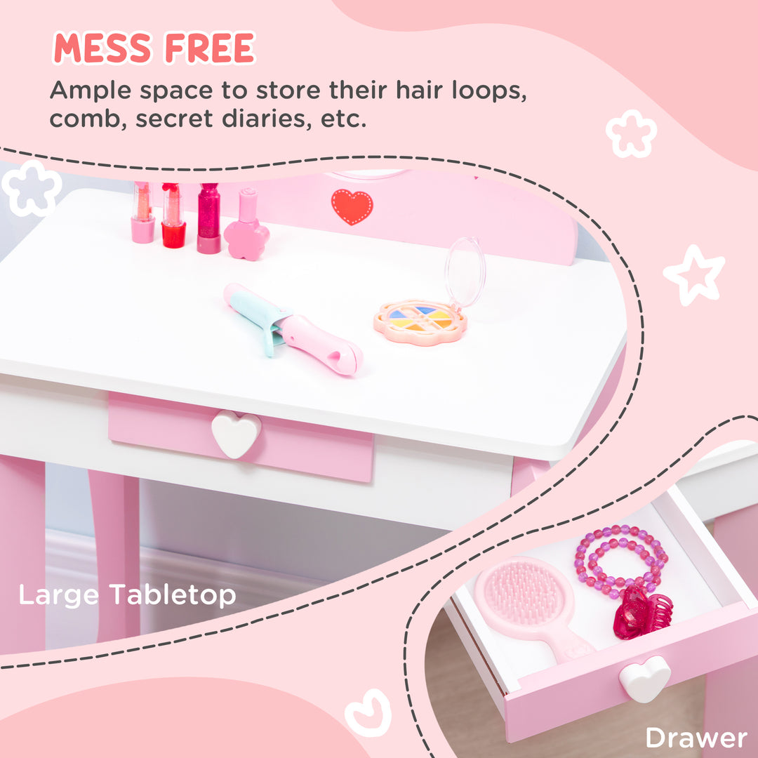 Kids Dressing Table Set Kids Vanity Set Girl Makeup Desk with Mirror Stool Drawer Cute Patterns for 3-6 Years Old, Pink