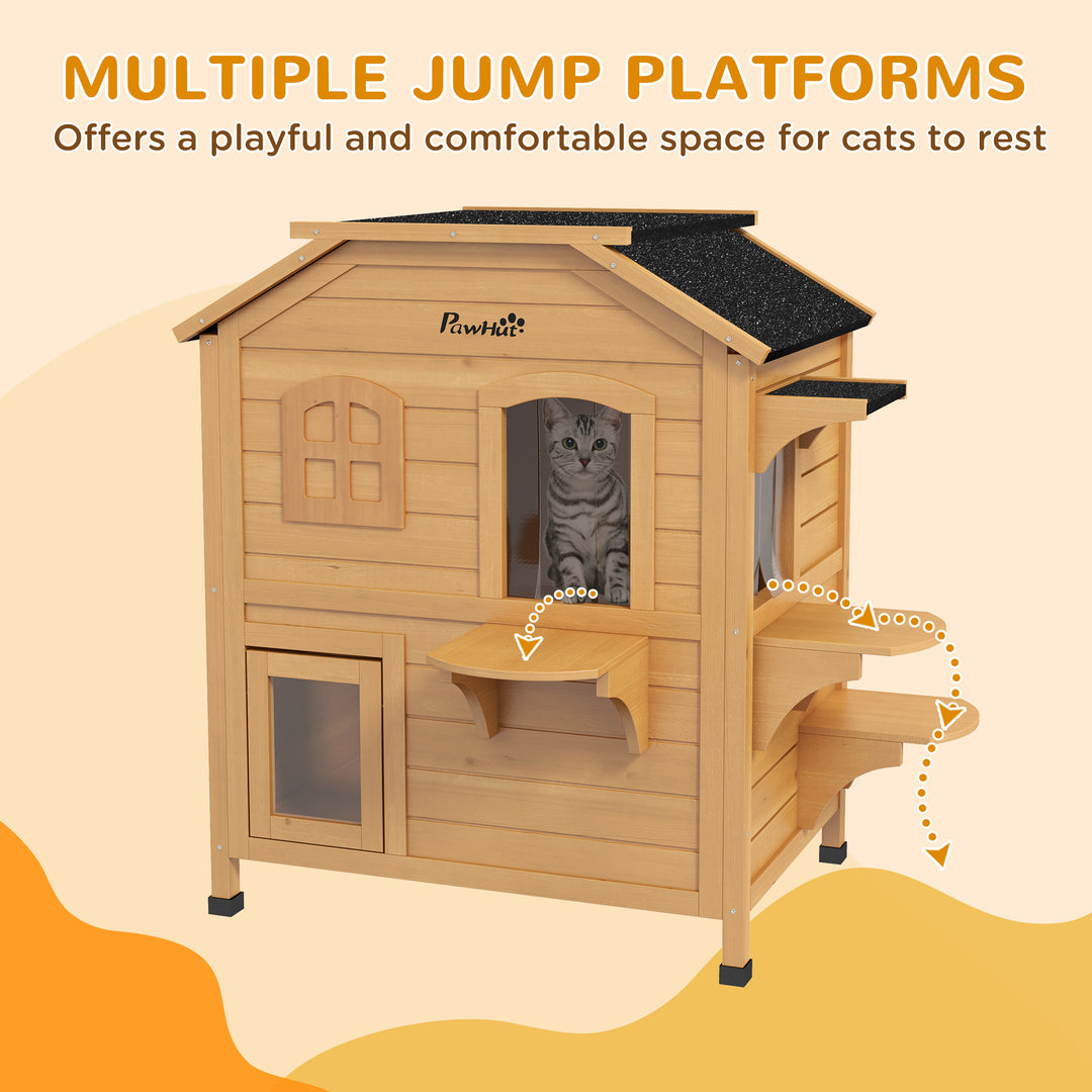 Wooden Cat House Condos Cat Cave Pet Shelter 2 Floor Villa Outdoor Furniture Natural Wood Finish