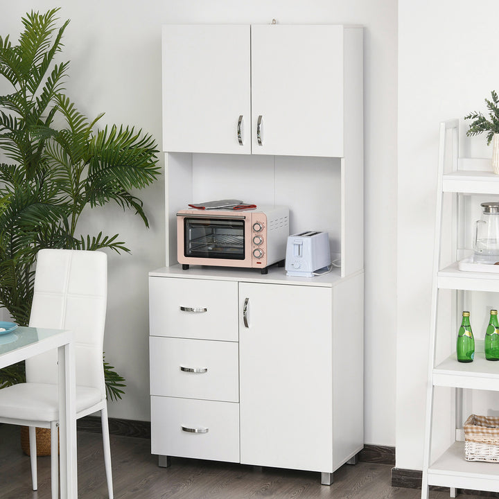 Free standing Kitchen Cabinet Cupboard with 2 cabinet, 3 drawers and 1 Open Space, Adjustable Height Storage Unit, White