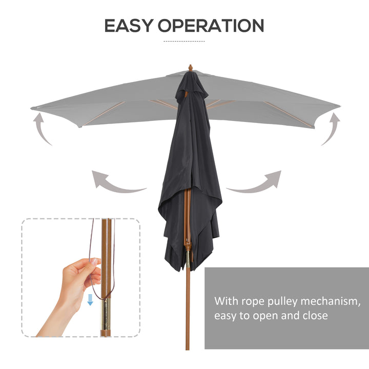 Outsunny Wooden Garden Parasol Umbrella Outdoor Sun Shade Canopy, Dark Grey，2 x 3m